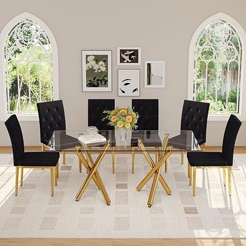 Miniatura 6 de Mesa de comedor de cristal de 71 pulgadas, mesa de comedor dorada para 6-8, mesa de cocina y comedor de gran tamaño con parte superior de vidrio