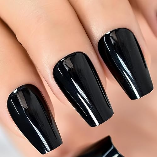 IKISKT Uñas postizas a presión, uñas postizas de ballet de ataúd medianas de color negro sólido, pegamento de gel UV, uñas postizas reutilizables,