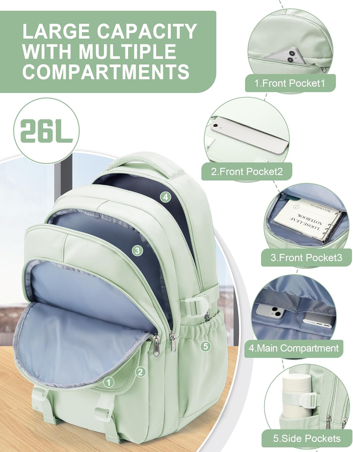 Waterproof Aesthetic Backpack For School, Cute High School Bookbag For Teen Girls Boys, Lightweight Casual Daypack Backpack For Women Men, College Backpack With Lots Of Pockets（MintGreen） - Image 4