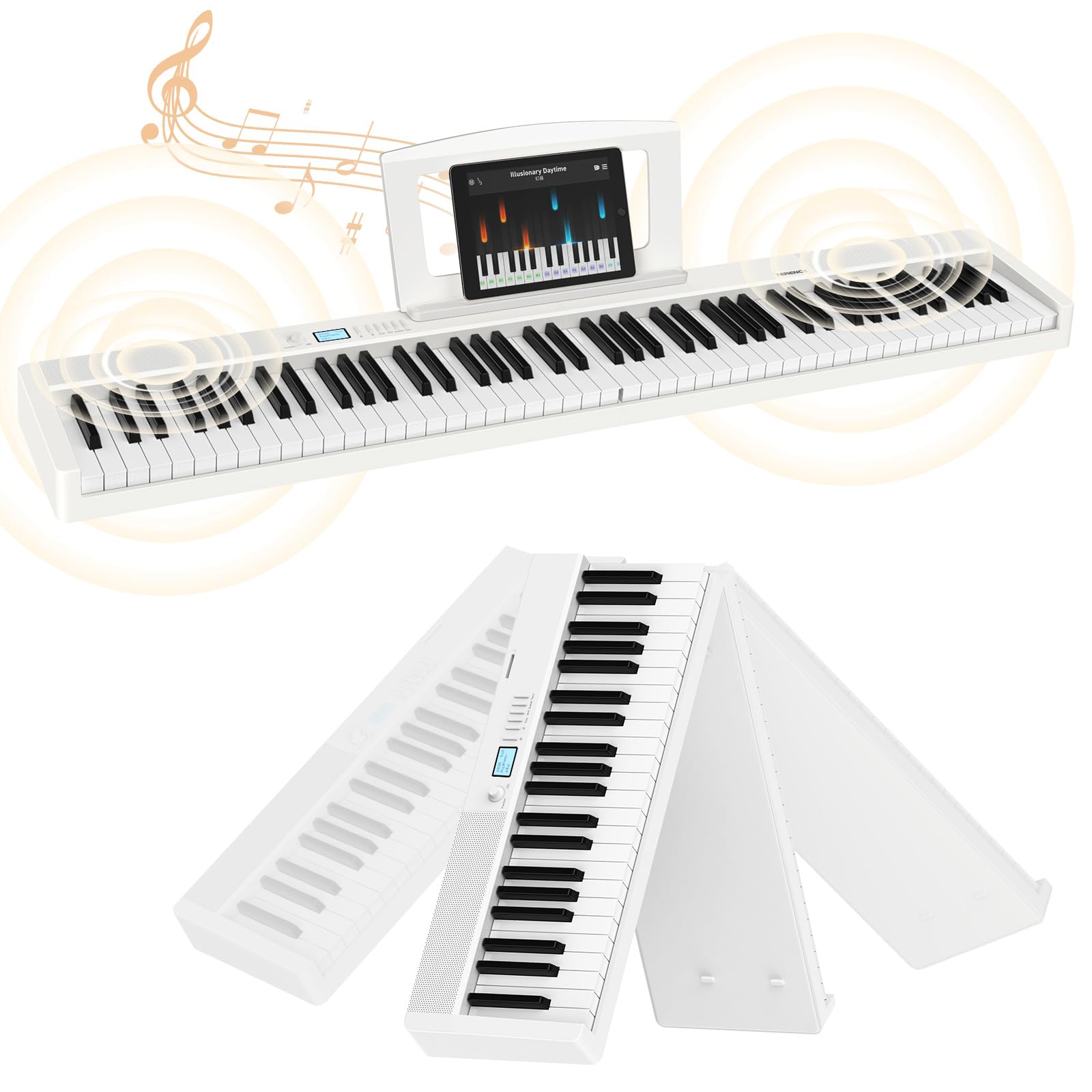 TERENCE Pieghevole Pianoforte Digitale 88 Tasti semi-pesati con batteria da 1800 mAh Altoparlanti 2x5W Bluetooth interfaccia MIDI supporto per spartiti Borsa Cavo audio con Pedale di sostegno Bianco