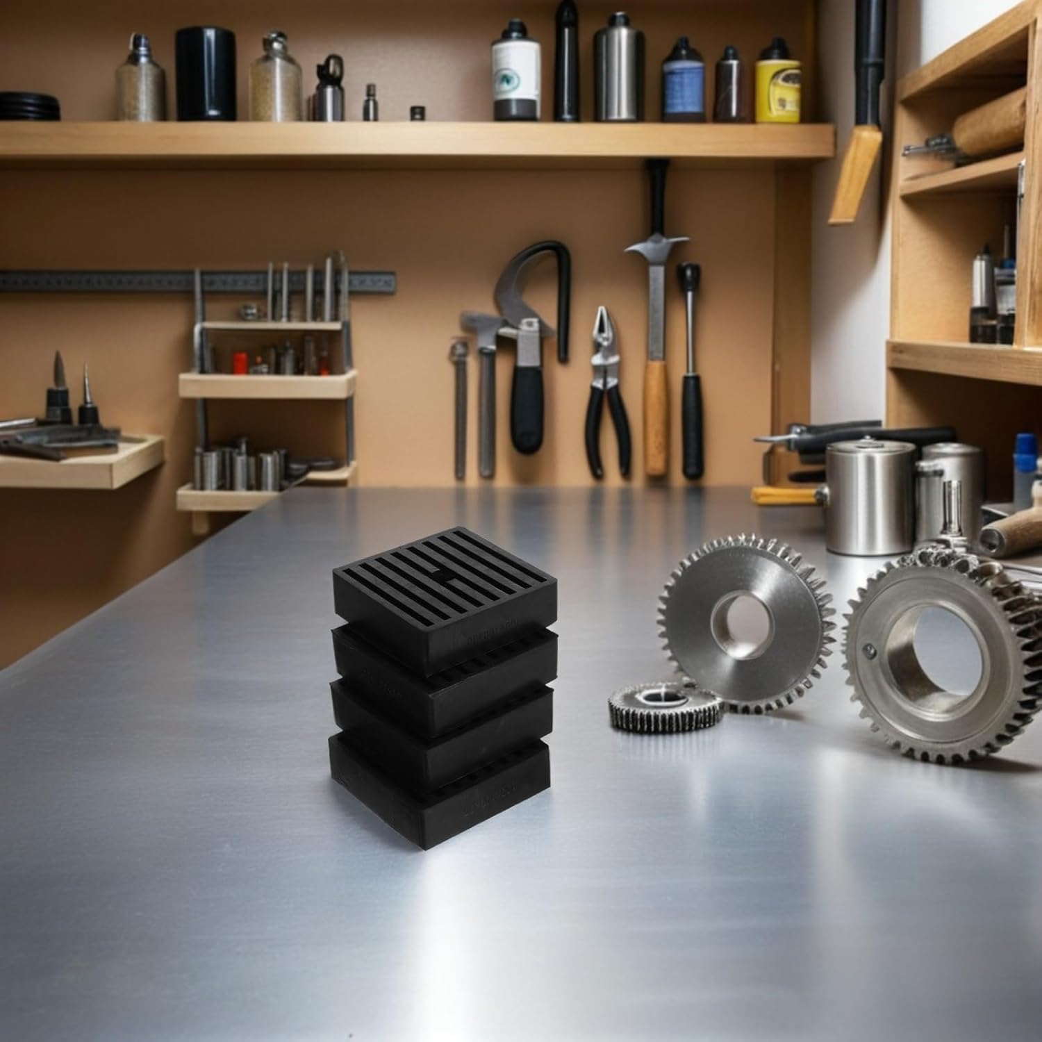 BETOOKY 4pcs 10x10x3cm Black Solid Rubber Anti-Vibration Pads with 1.5cm Center Hole, Compressor Shock Absorbing Mat for Air Compressors, Generators, and Industrial Equipment