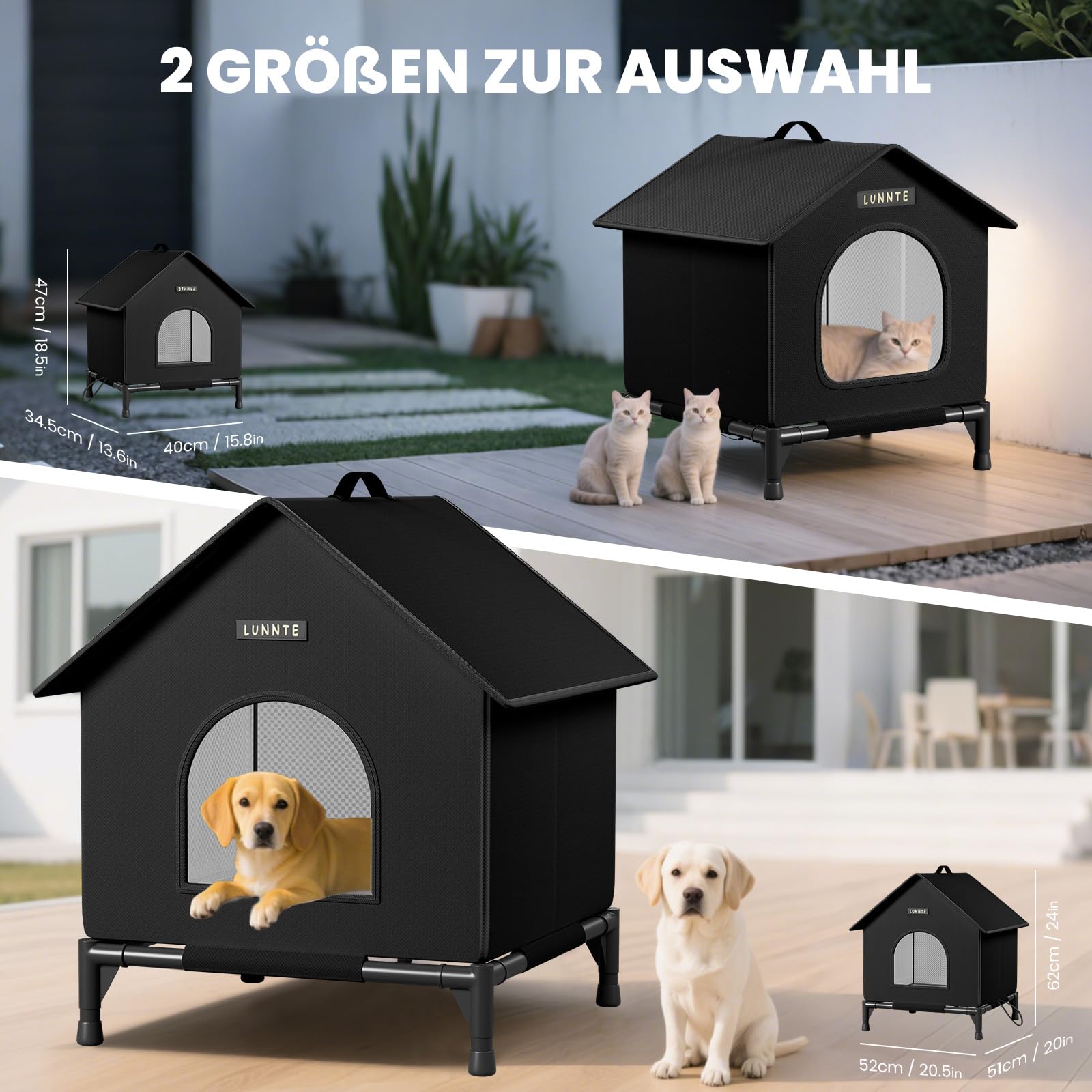 Cuccia per gatti da esterno con design rialzato, impermeabile, per esterni, calda grotta per cani con tenda per porta, lavabile, riparo per animali domestici randagi (nero, L)