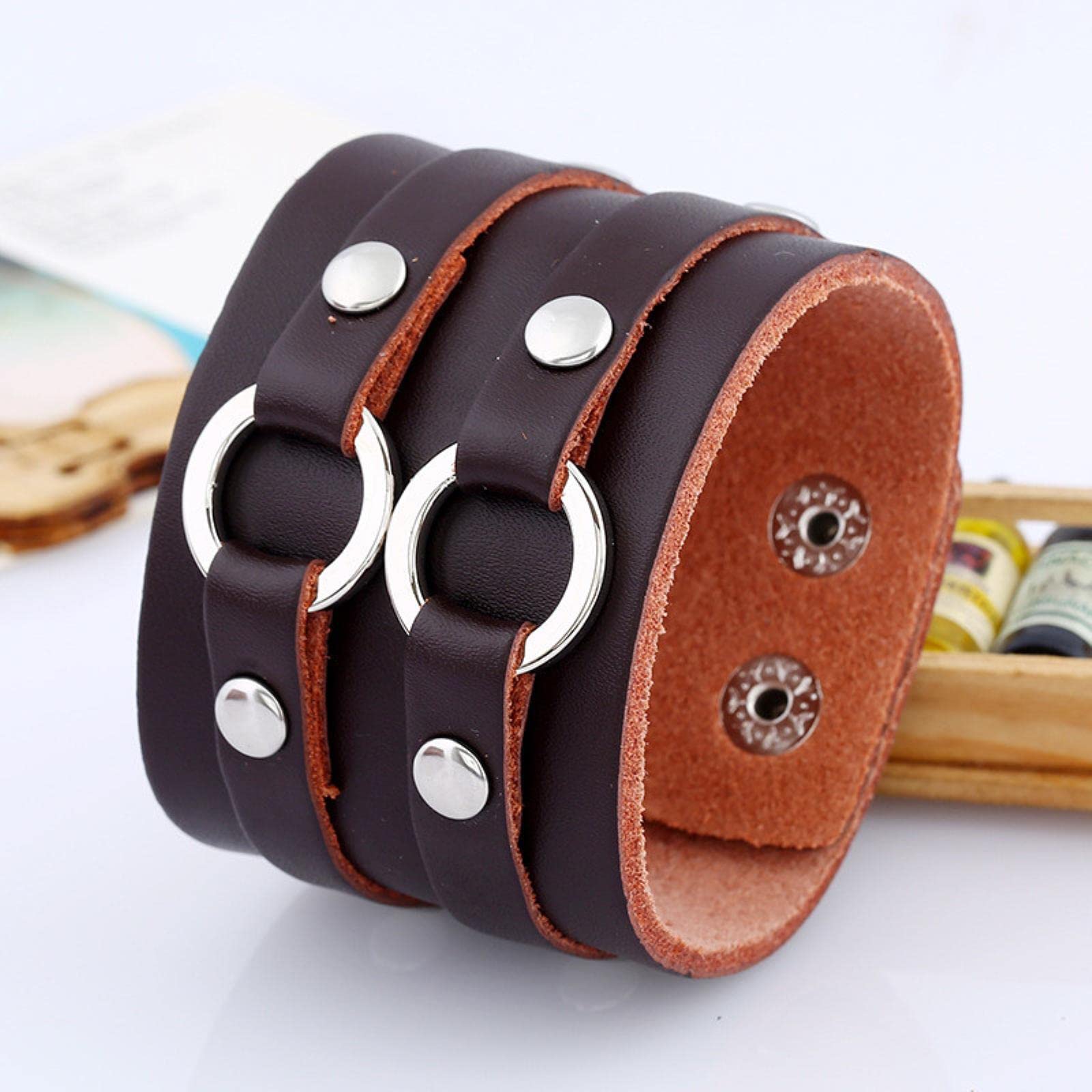 BRACCIALE Di PELLE / CUOIO UOMO POLSINO REGOLABILE NERO - Foto 4