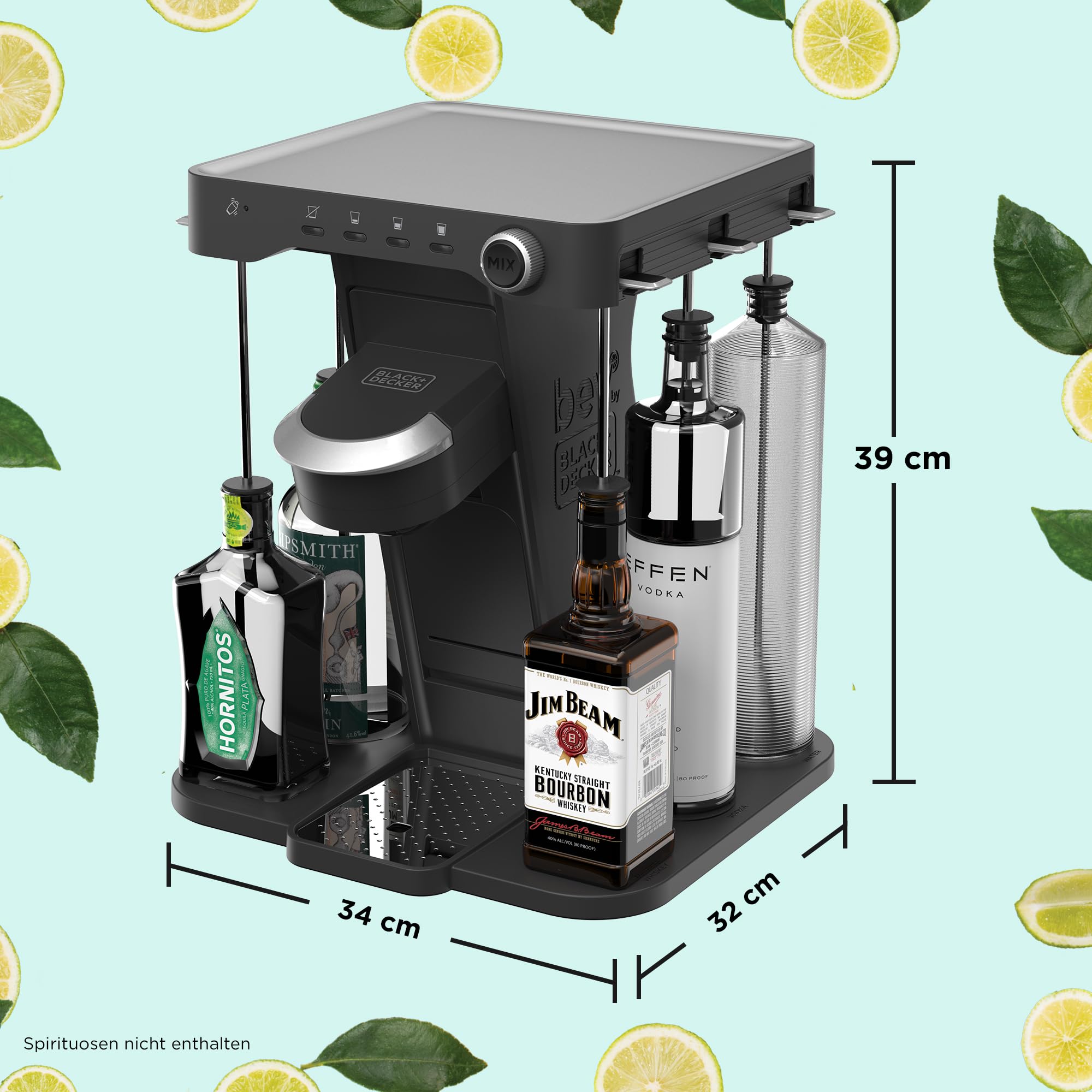 BLACK+DECKER BEV Cocktail-Maschine (individuelle Cocktails auf Knopfdruck, Platz für 5 Spirituosen, Getränkestärke einstellbar, mit Reinigungsmodus & LED Beleuchtung im Party-Modus) BEHB101