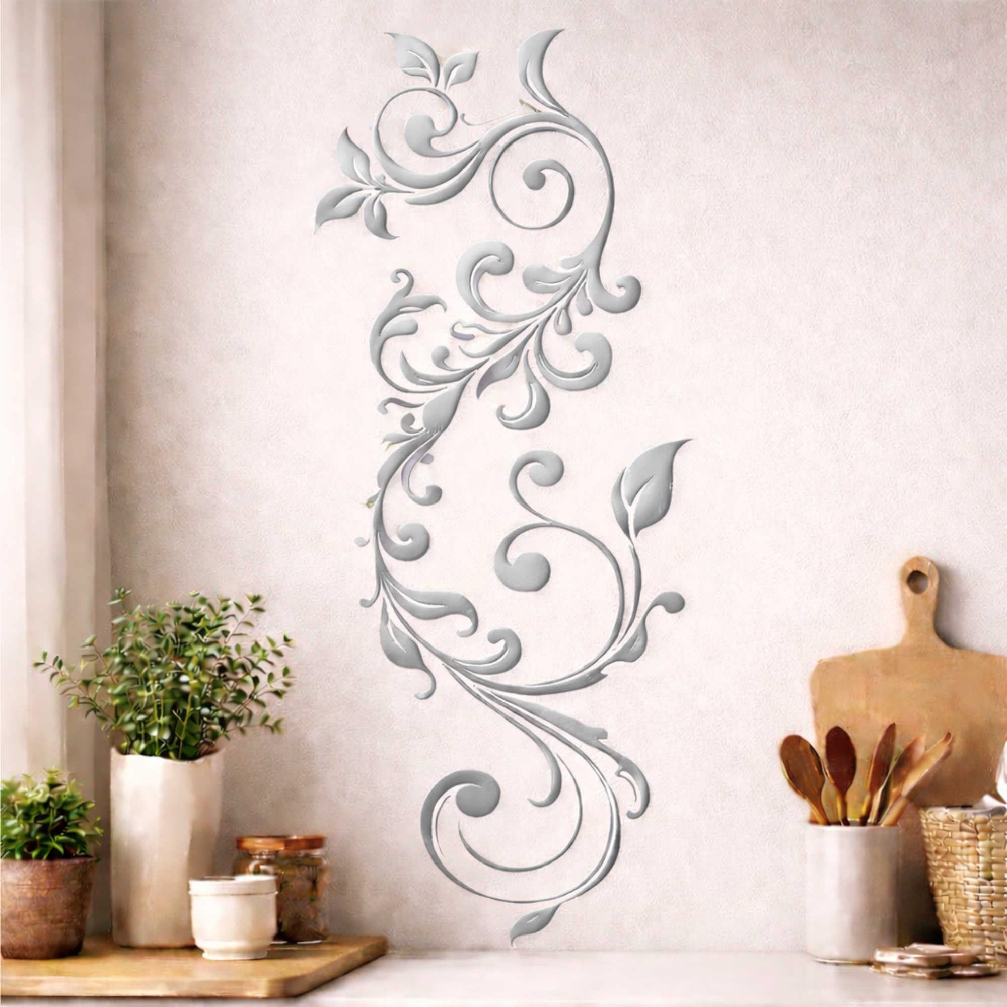 INDIGOS UG - Wandtattoo Wohnzimmer - Wandaufkleber Pflanze Blume Gewirr filigran 170x58cm, Silber w439 - Aufkleber Kinderzimmer Schlafzimmer Küche Badezimmer Büro Dekoration