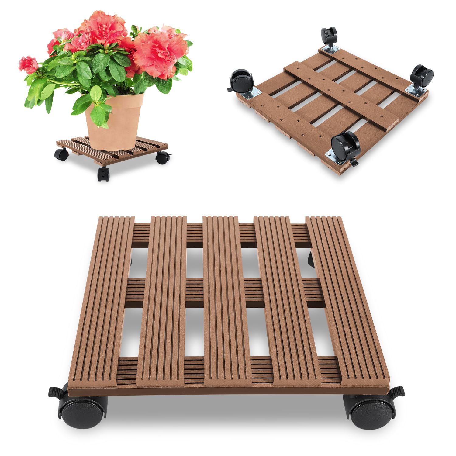 Ikodm 2X WPC Pflanzenroller Rund Ø 30 x 7,5 cm｜Blumenroller mit Rollen, Rolluntersetzer Tragkraft 80 kg｜Kübelroller für den Innen- und Außenbereich｜Rollbrett für Pflanzen, Blumentopf (Anthrazit)