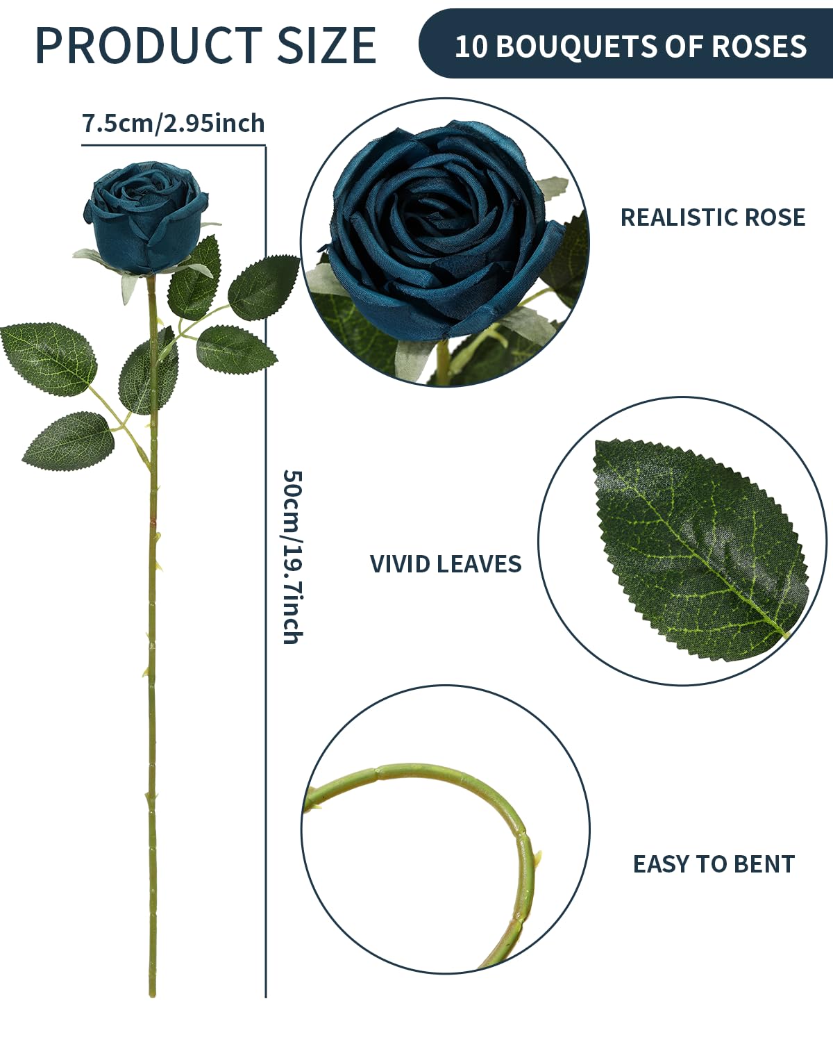 LEUCHTAMOR 10pcs Artificial Roses Peacock Blue Fake Rose Flower Realistic Faux Roses for DIY Wedding Bouquets Bridal Shower Centerpieces Floral Arrangements Party Tables Home Decorations - Image 3
