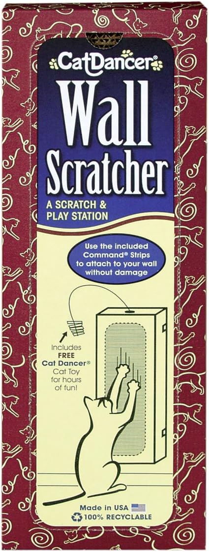 Wall Mounted Cat Scratcher Pad with Command Strips for Adhesion, Vertical Cardboard Wall Scratcher for Cat Claws, Includes Free Cat Toy for Indoor Cats - 6.25"L x 1.75"W x 18"H