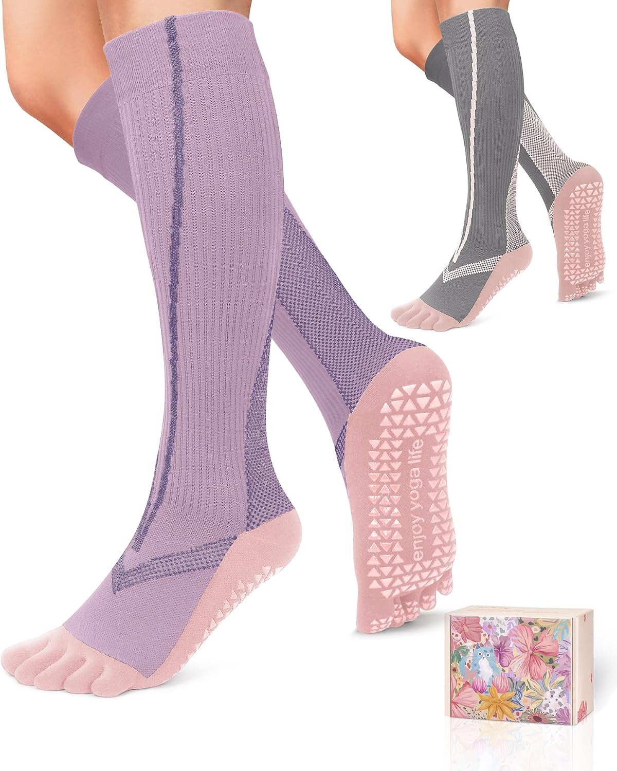 Compression Socks for Women with Grips Knee High Toe Socks Grippy Socks Woman Non Slip for Pregnancy Nurse Athletic