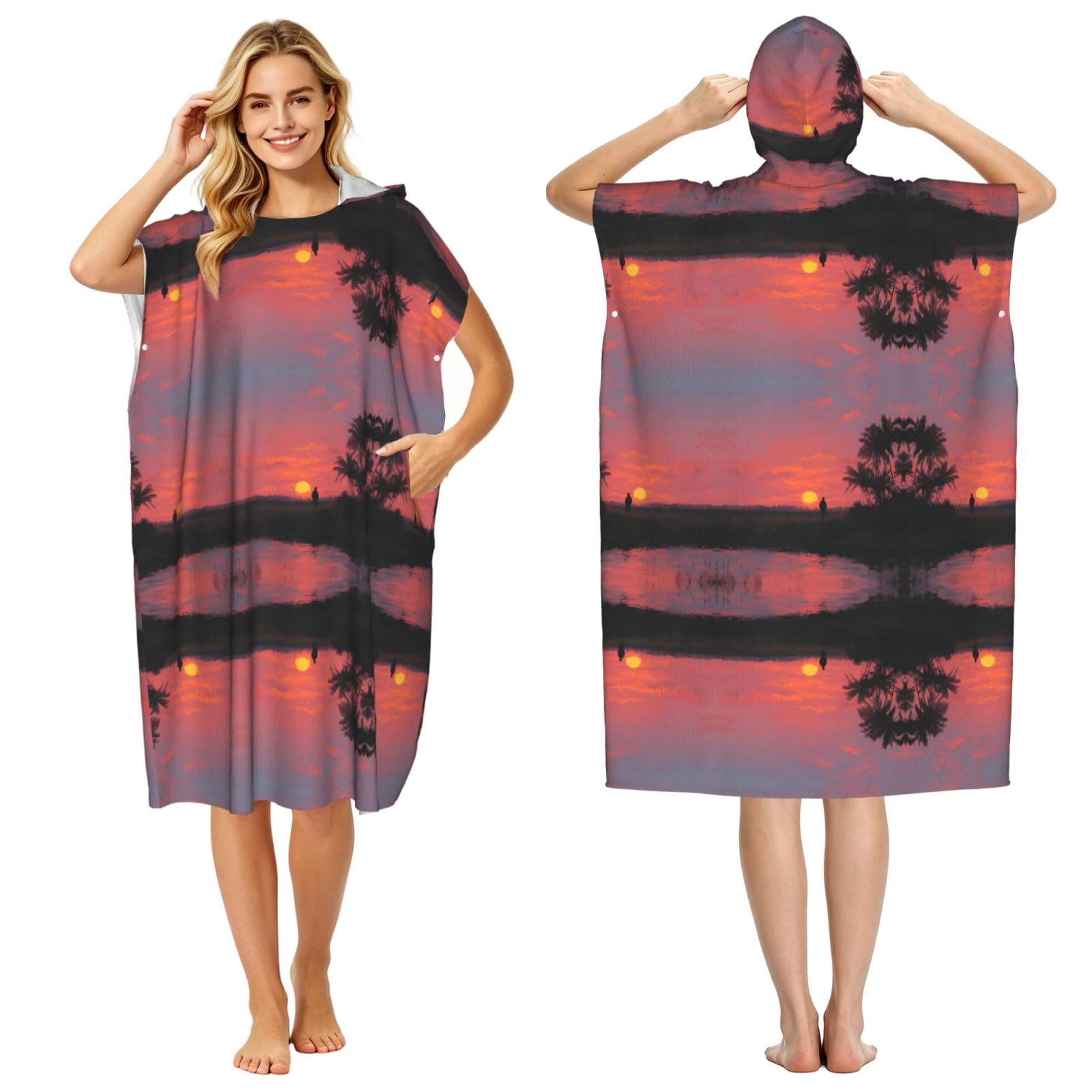 EZDLOWVBA Sunset Print Hooded Poncho Microfiber Beach Towel,Adult Women & Men Changing Robe,Lightweight Summer Surf Swim Bath Poncho Towel
