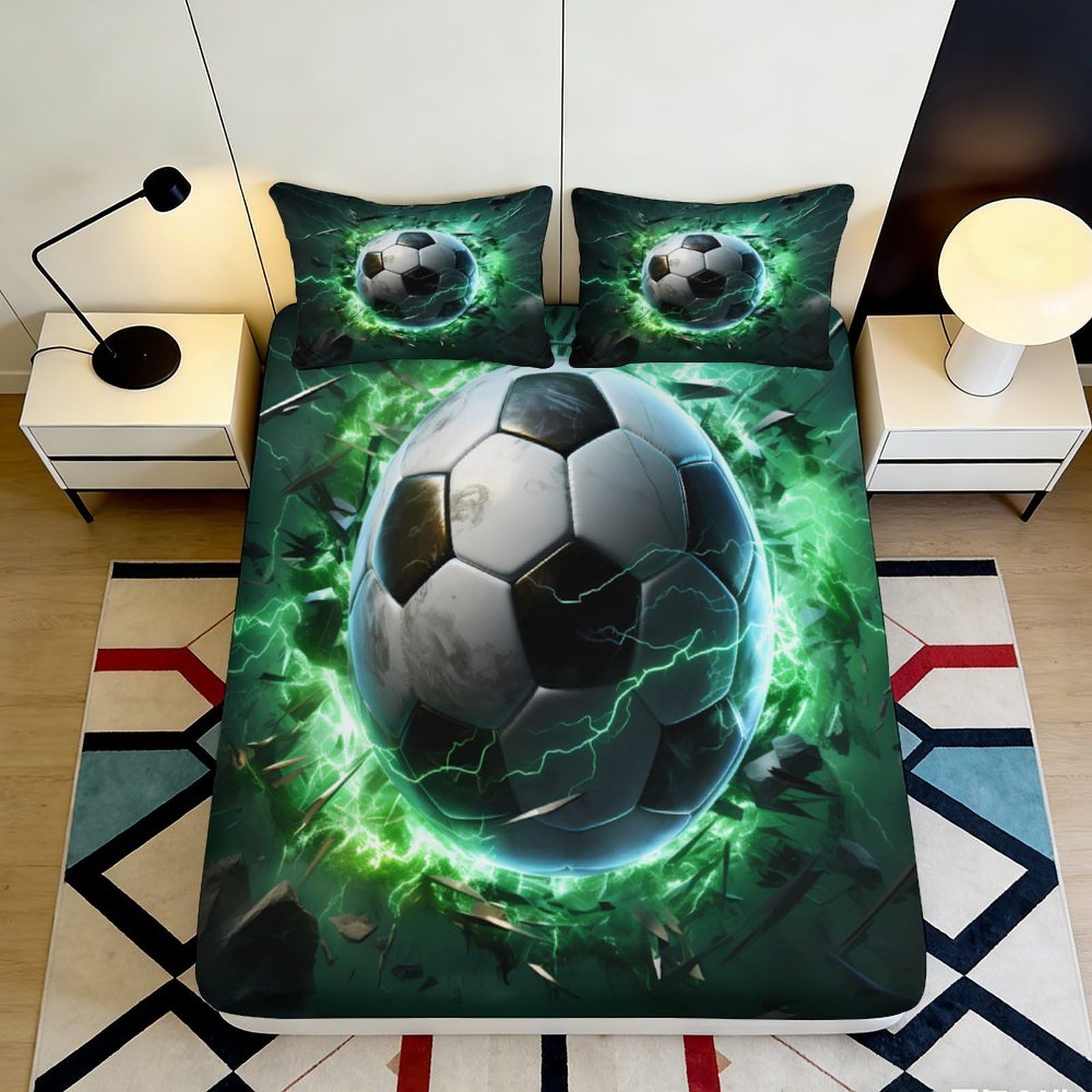 3D Printed Soccer Ball Fitted Sheet Microfiber Soft Breathable Green Lightning Bed Cover for Bedroom Dorm Mattress Decor 90x200x25cm