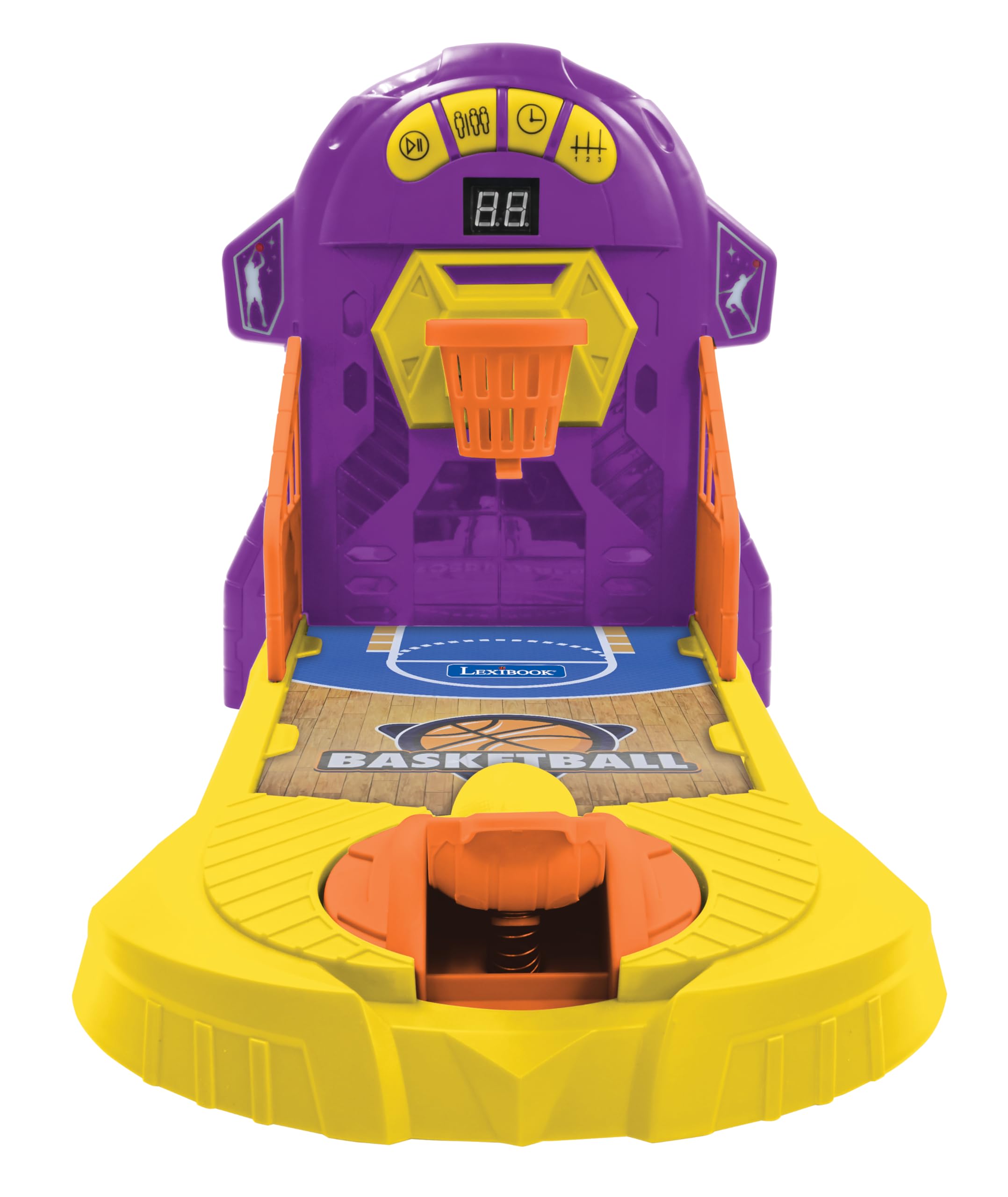 LEXiBOOK, Electronic Basketball Game, Sound and Light Effects, Moving Panel, 3 Levels of Difficulty, 1 to 4 Players, Purple/Yellow, JG910