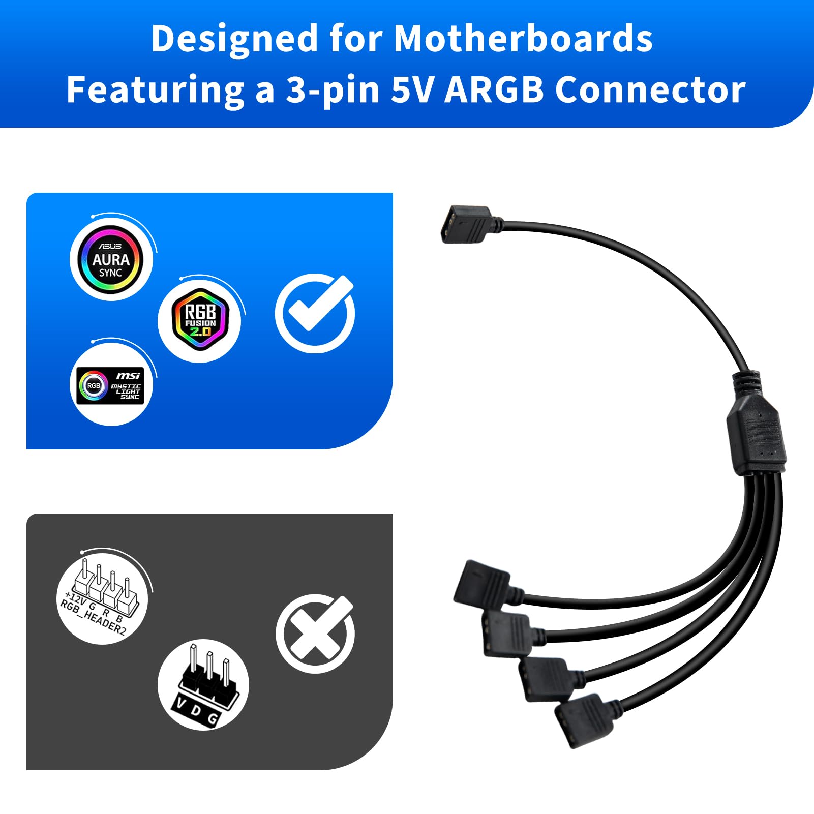 2 Piezas Cable Divisor ARGB 5V 3 Pines 1 a 4 en Y, ARGB Splitter Cable Conector Splitter para Ventiladores y Tiras LED RGB Direccionables, 8x3 Pin macho, Compatible con Placas Base ASUS MSI GIGABYTE