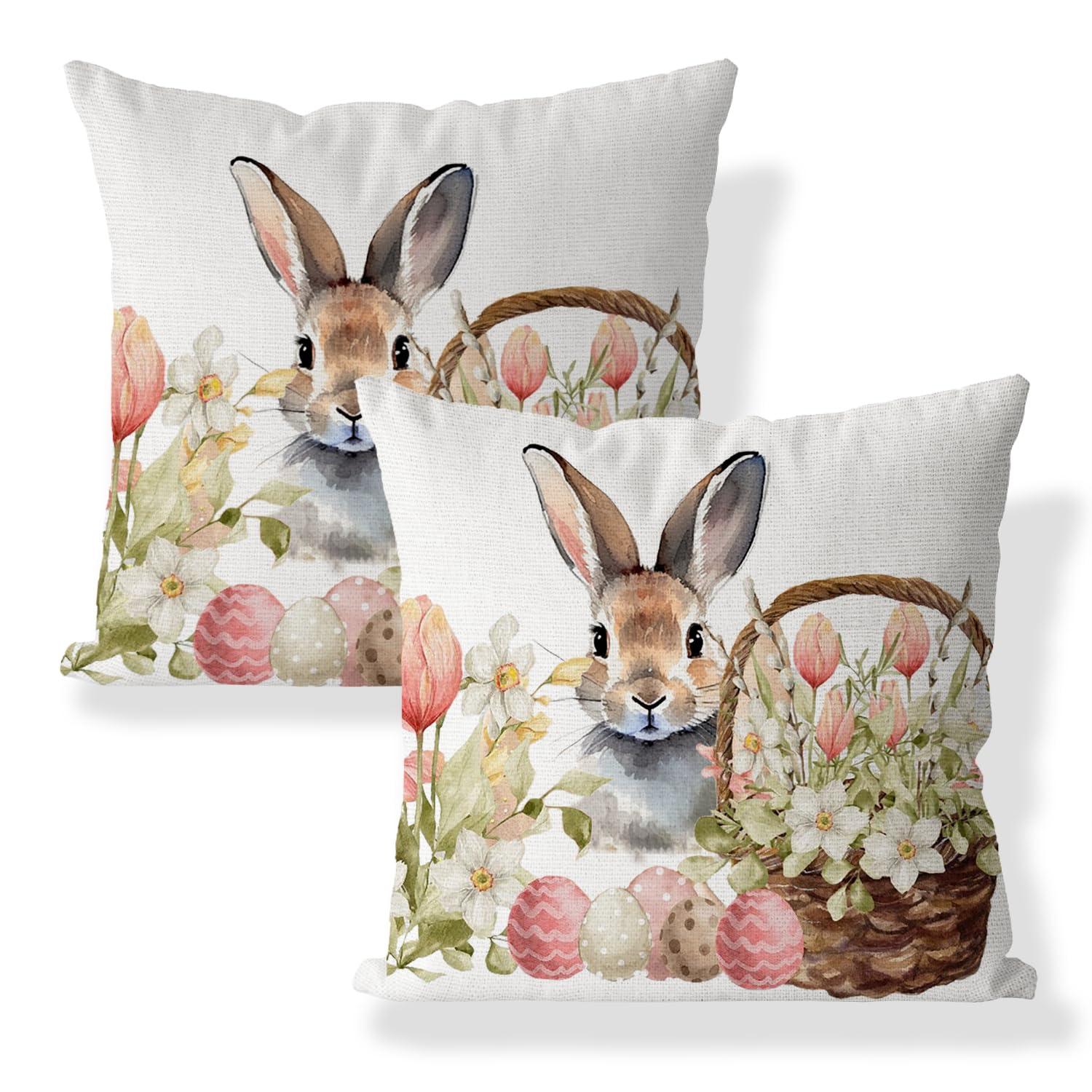 Photo 1 of AOFANGGO Easter Pillow Covers 18x18 inch Bunny Pink Flowers Eggs Throw Pillow Spring Decorations Cushion Cover for Bed Chair Sofa Couch