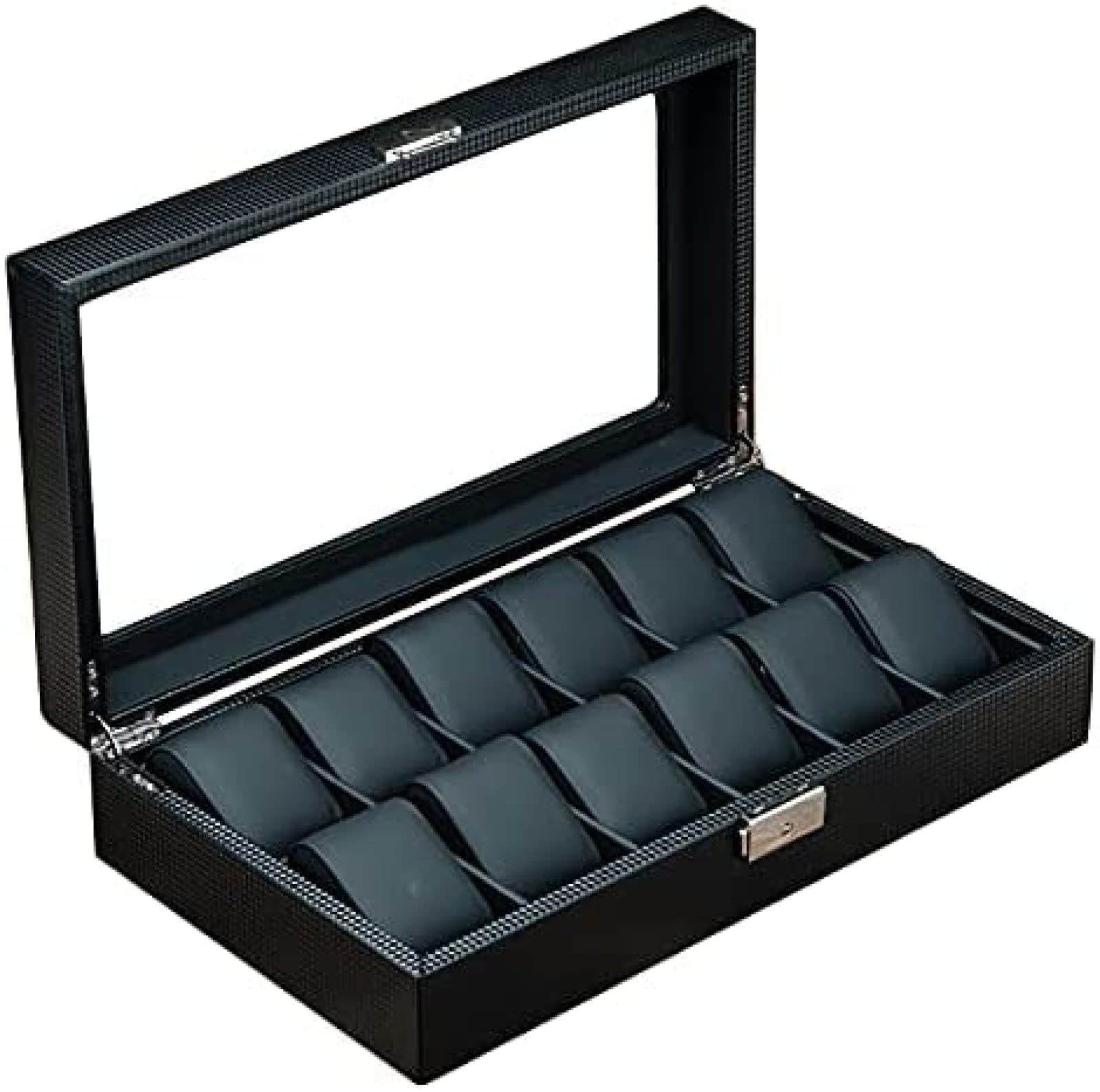 YNBSHGAA Watch Box 12 Slots Mens Watch Organiser Lockable Black Leather Carbon Fibre Watch Display Holder Case with Glass Lid Watch Storage Box for Watches Jewellery Bracelet