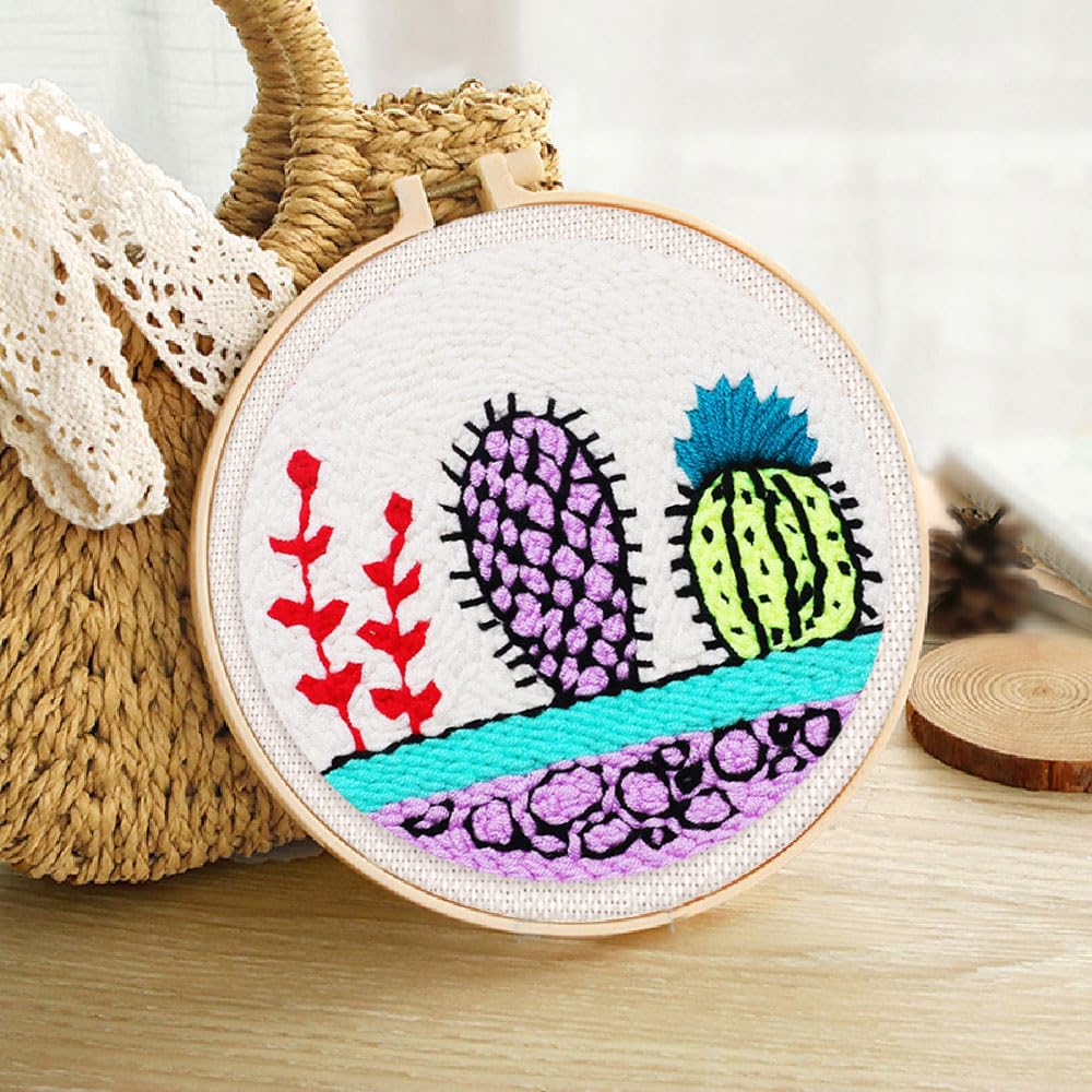Figured'Art Kit Punch Needle Complet Cactus Désert 20x20cm - Broderie Débutant Adulte Enfant Avec Cadre