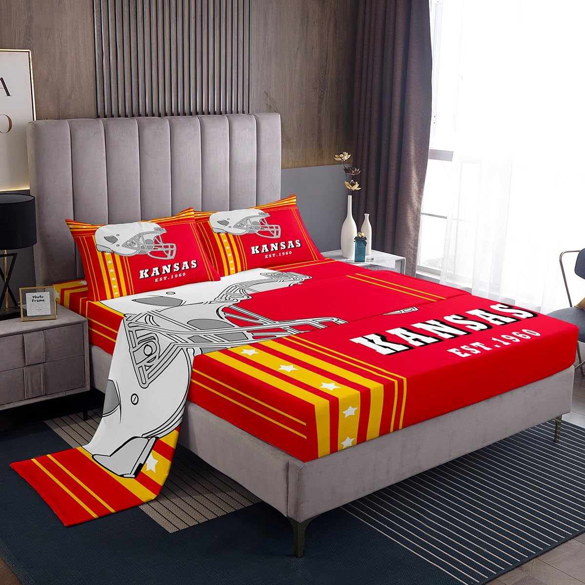 Erosebridal American Football Sheet Set Rugby Decor Sports Game Bed Sheets Set King, Boys American Football City Sheets Red Yellow White Stars Stripes Top Fitted Sheet 4Pcs (Kansas)