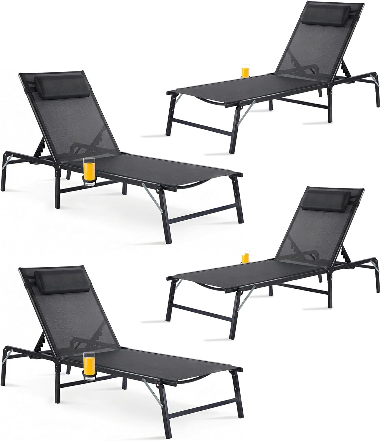 Foldable Chaise Lounge Chair with Cup Holder, Assemble-Free Outdoor Lounge Chair with Detachable Pillow and 6 Adjustable Backrest, Patio Lounge Chair for Outside Poolside Beach Pool, Khaki