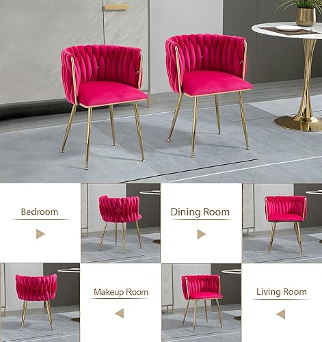 Miniatura 7 de Juego de 2 sillas de comedor tapizadas de terciopelo, sillas modernas para sala de estar con respaldo tejido y patas de metal dorado, silla auxiliar