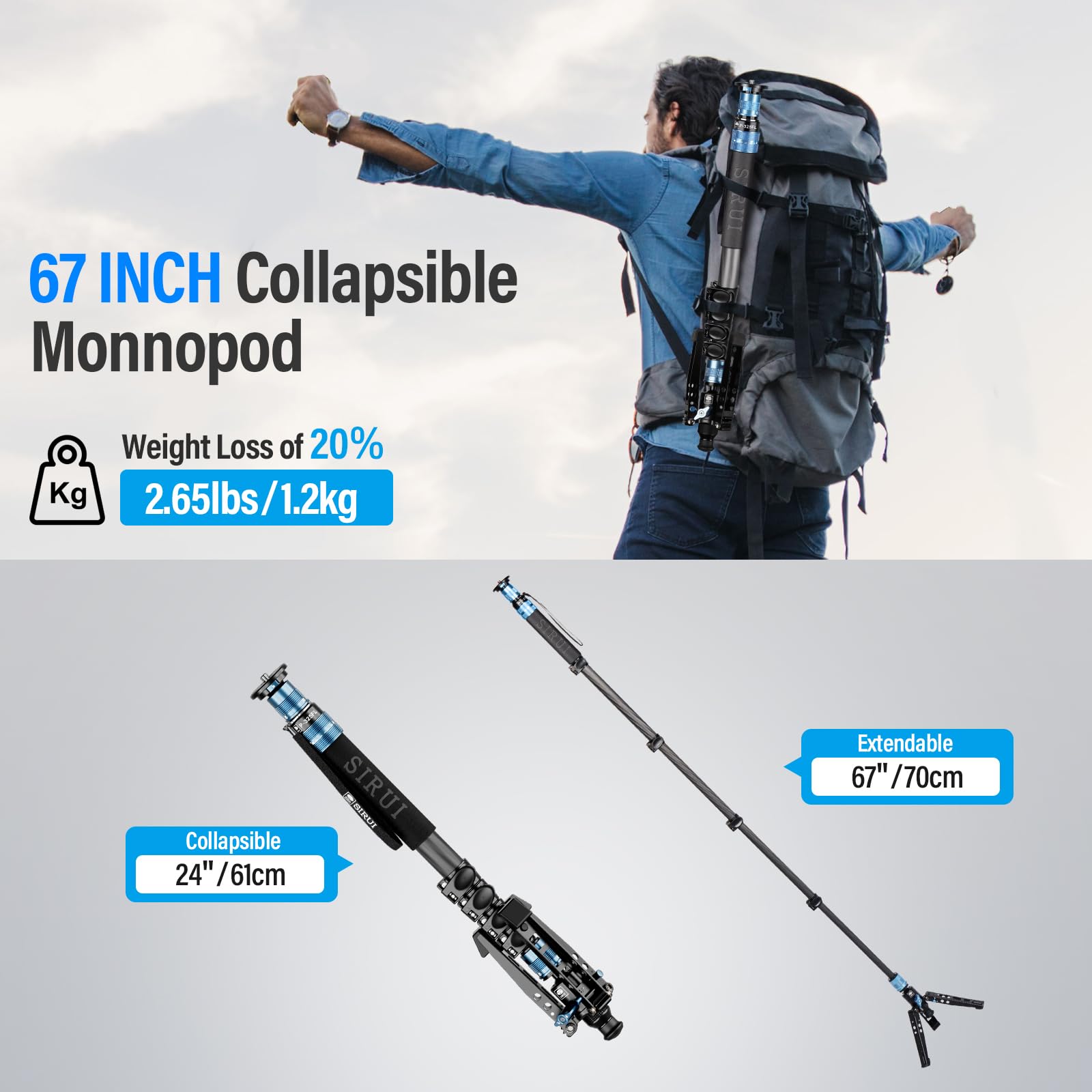 SIRUI P-325FL Monopod z włókna węglowego z nóżkami, profesjonalny monopod 170 cm, przenośny, lekki monopod podróżny do aparatu DSLR, maksymalne obciążenie 10 kg, kompatybilny z aparatem Sony Canon