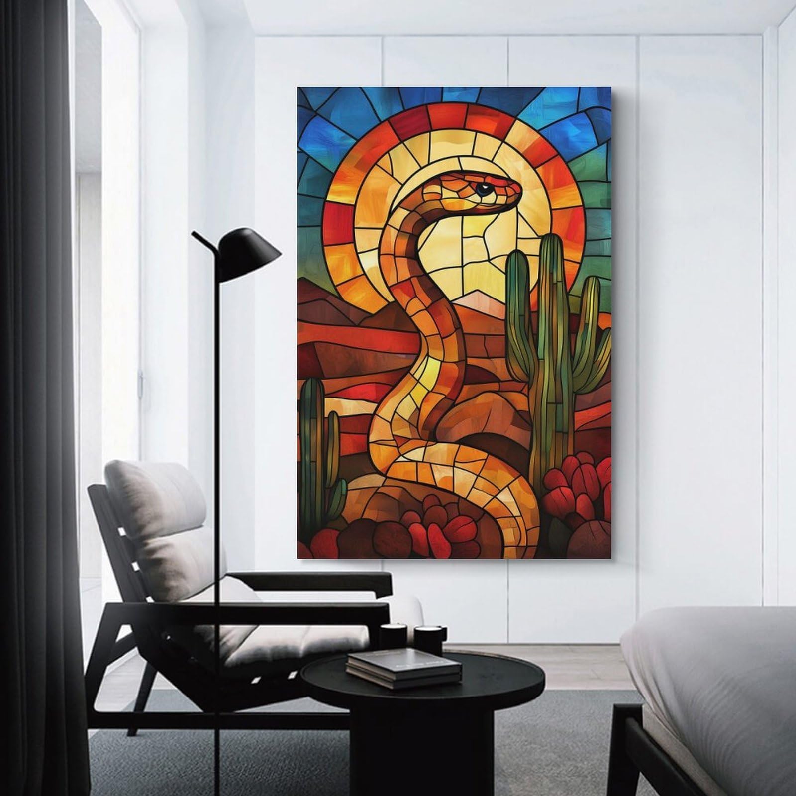 Junmoney Room Decor Wall Art Desert Snake Stained Glass, 24x36inch(60x90cm), for Home Office, Desk Area Or Studio, An Interior Accent for Desk Areas