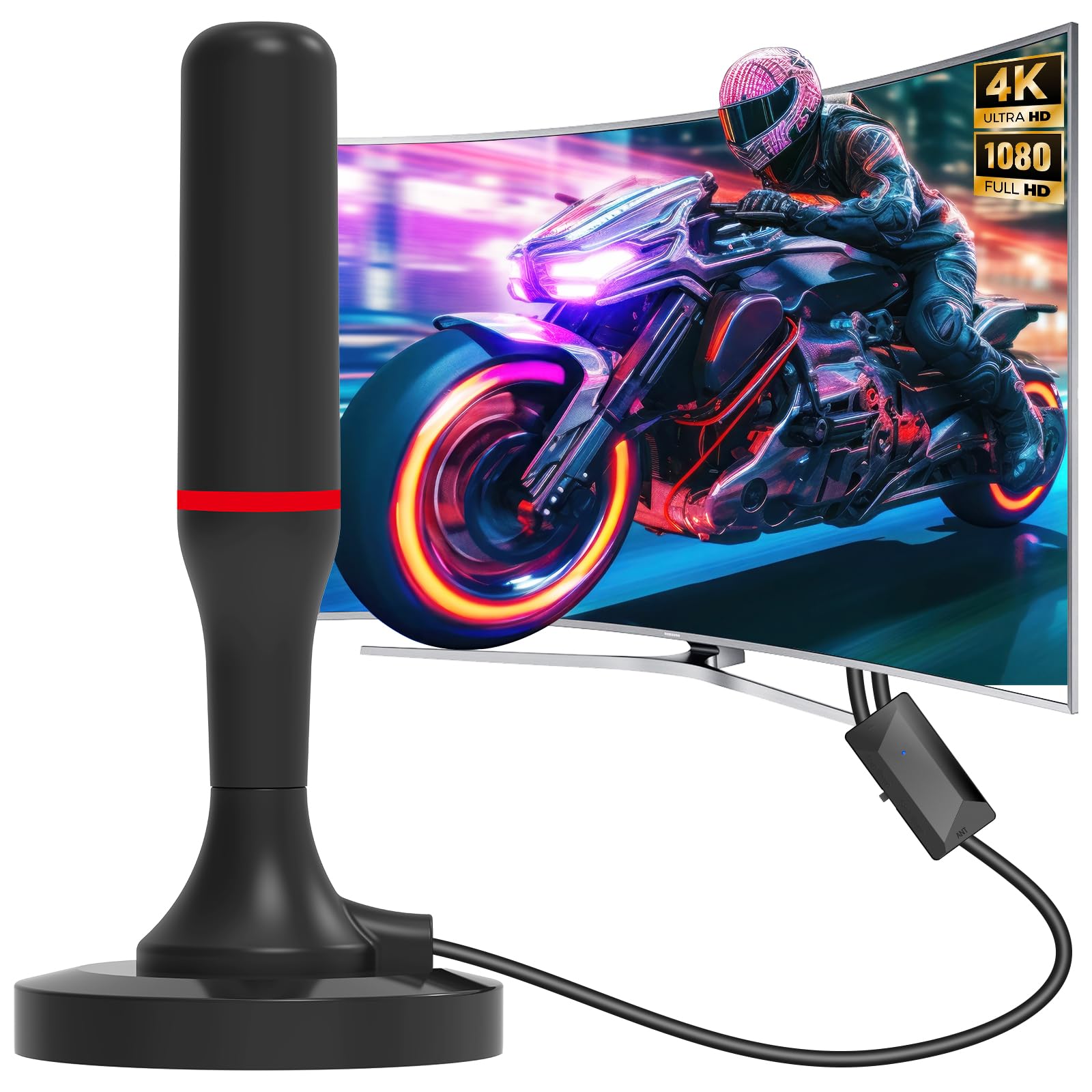 Antenne TV Intérieure Puissante, Antenne TNT Intérieure 2026 HD, Réception Longue Portée 360°, Base Magnétique Forte, Amplificateur Gain Élevé, Compatible 4K 1080P Toutes TV