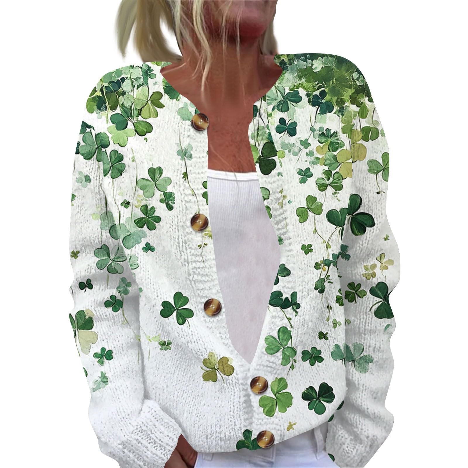 Saint Patricks Day Womens Sweaters Cardigan Button Down Shamrock Graphic Scoop Neck Cable Knit Spring Top