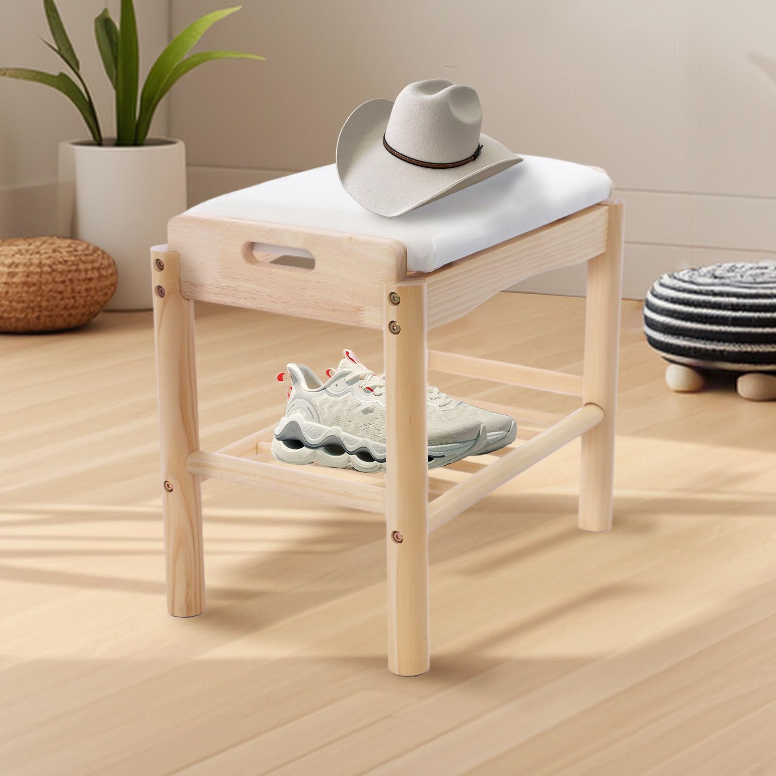 Zapatero de madera con asiento, 45 x 30 x 40 cm, zapatero con cojín, 2 niveles para pasillo, entrada, salón (color registro)