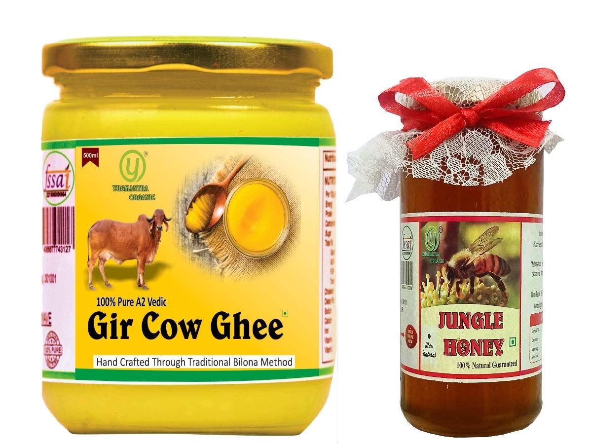 Yugmantra Organic Foods Pure Natural A2 Milk Shudh Desi Gir Cow's Ghee -500 Ml + Raw Honey 350 GMS Combo Set