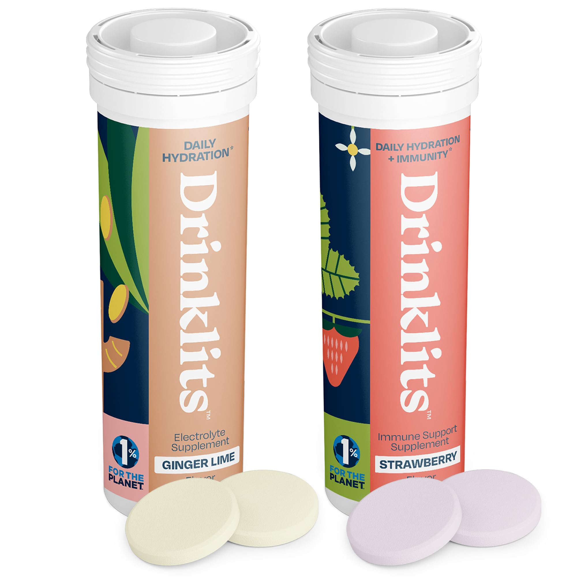 Drinklits Ginger-Lime Electrolyte Hydration & Strawberry Immunity Tablets (2) Tube Combo Pack | Great Taste – Gluten Free – Daily Use | 20 Servings (10 Tablets Per Tube)