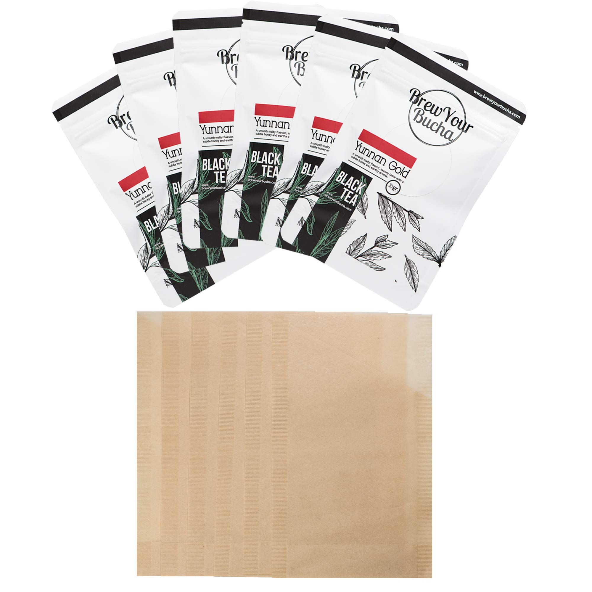 Brew Your Bucha Tea and Tea Filter Combo Pack (6 Pack of Tea + 6 Tea Filters) - Robust and Fragrant Tea for Kombucha Brewing. (Black)