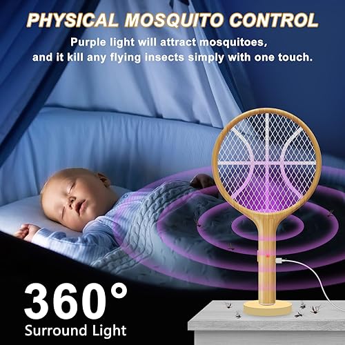 Miniatura 6 de LUOJIBIE Matamoscas eléctrico, raqueta matamoscas de mano con anillo para colgar para el hogar, interior y exterior, tamaño grande