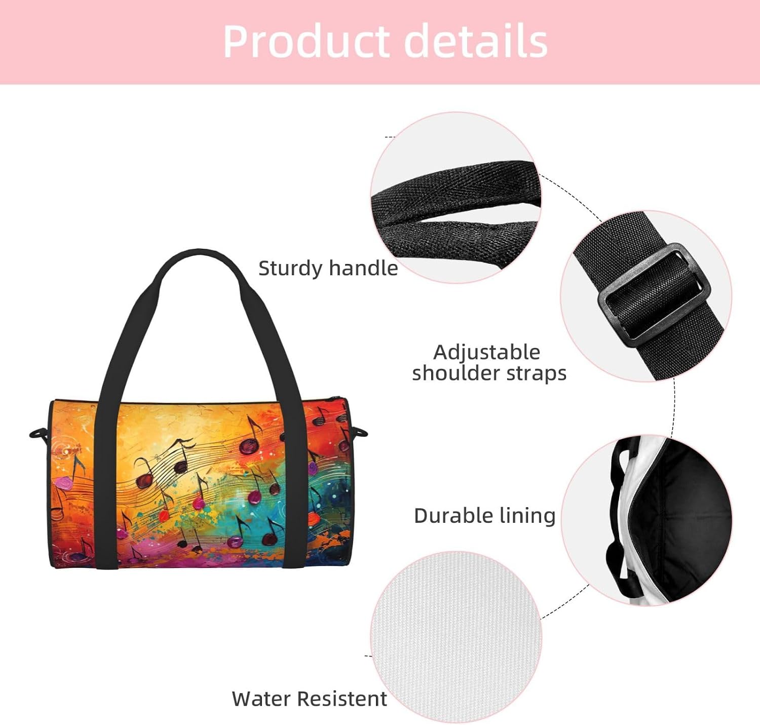 Colorful Music Notes Print Sports Tote Bag Lightweight Water-Resistant Gym Backpack Travel Supplies