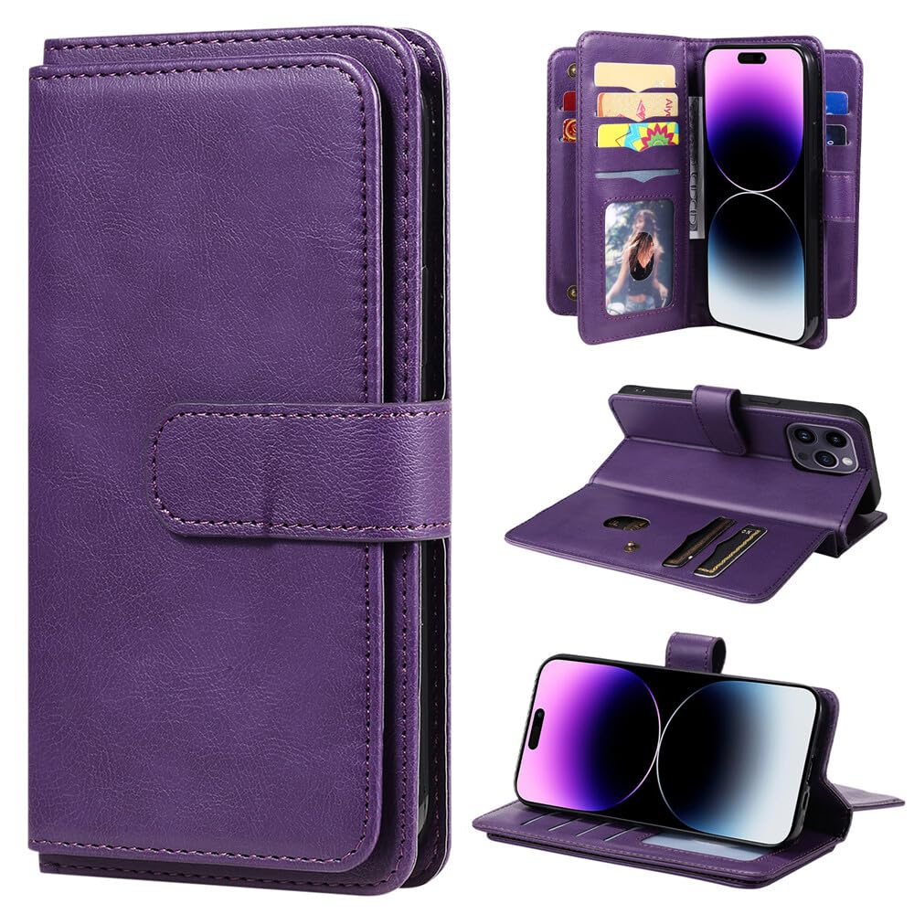 Étui iPhone 15 Plus en cuir violet de qualité supérieure avec rabat aimanté - 8