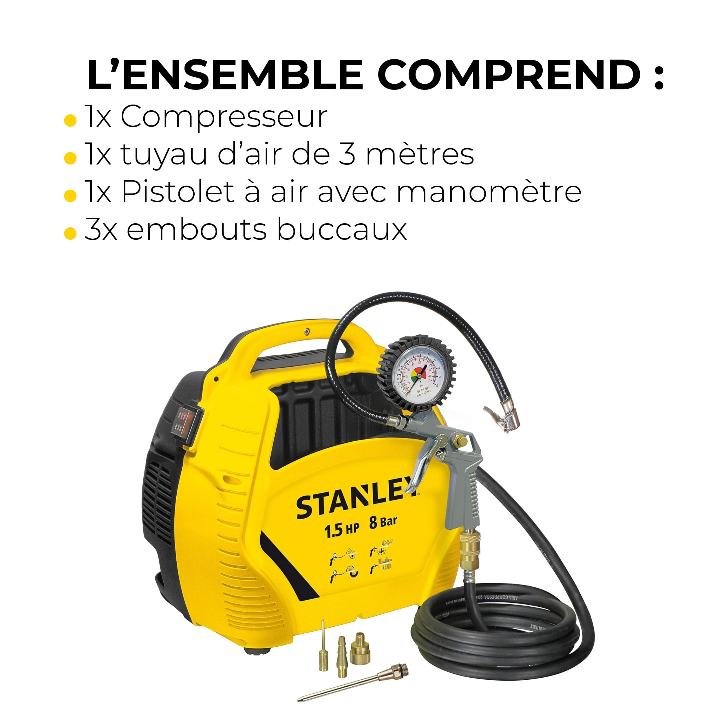 Stanley Compresseur à Air 8 Bar avec Outils Pneumatiques - Incl. Tuyau d'Air 3M, Pistolet à Air avec Manomètre et 3 Buses - Jaune