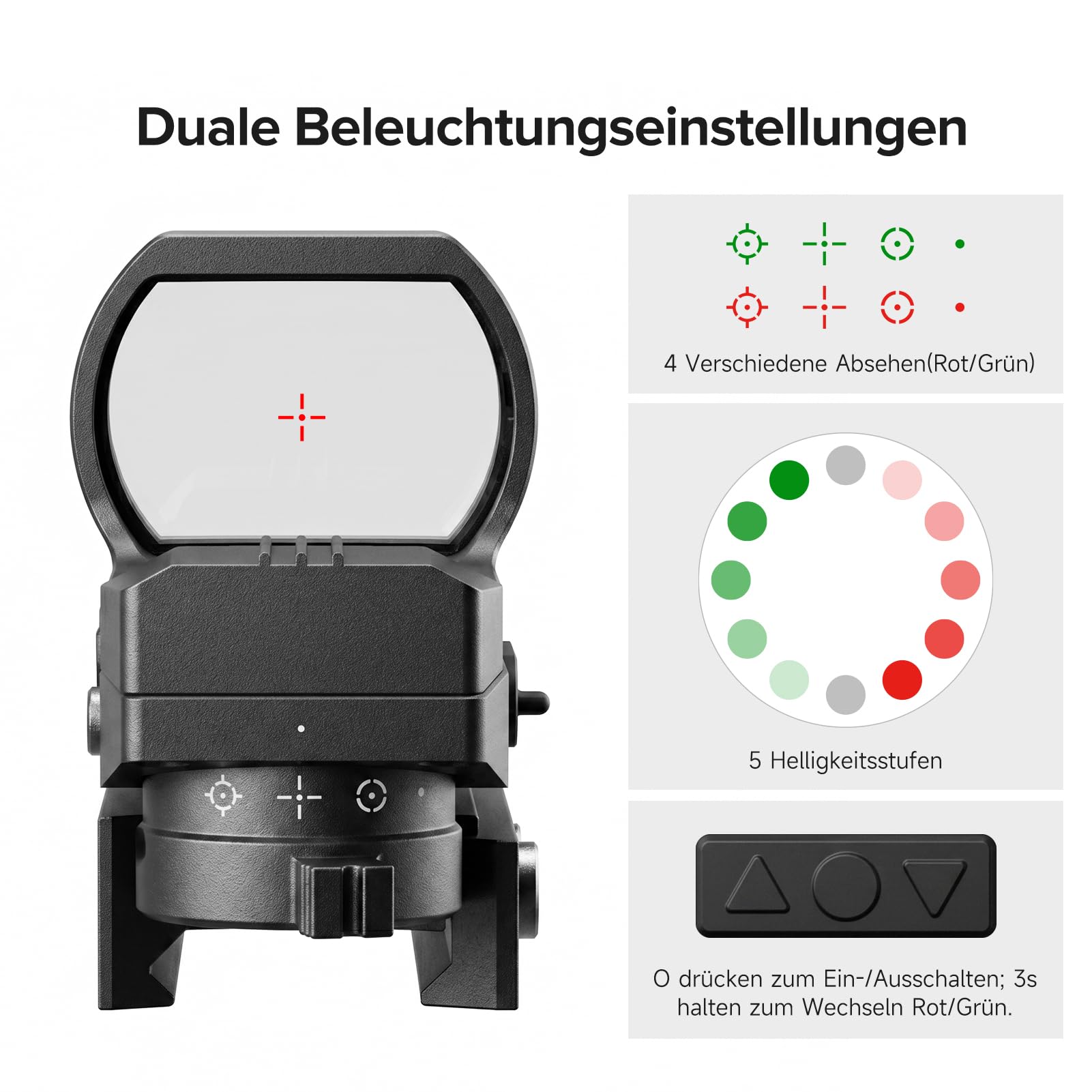 Feyachi RS-27 Red Dot Visier Wiederaufladbar Leuchtpunktvisier mit einstellbares taktisch Rot und Grün Fadenkreuz Zielfernrohr Reflexvisier kompatibel für 20mm/22mm Weaver oder Picatinny Schiene