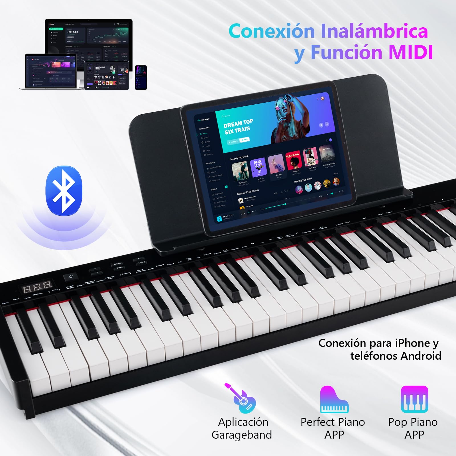 GOPLUS Teclado de Piano Eléctrico de 61 Teclas, Piano Digital con Soporte Ajustable y Taburete Teclas Semi-Pesadas, Función MIDI Audio Inalámbrica, Atril, Pedal de Sustain, Bolsa Portátil, Negro