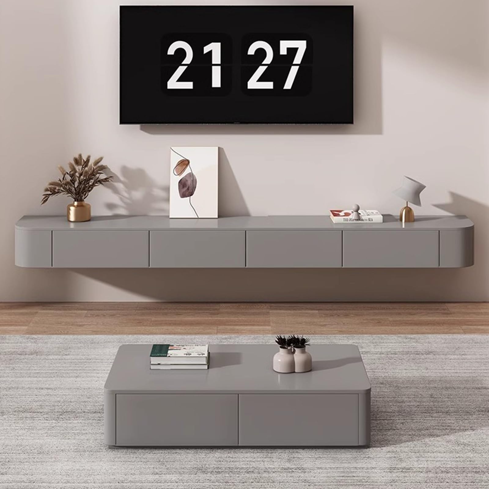 Nowoczesna szara szafka pod telewizor naścienna elegancka pływająca jednostka rozrywkowa z drzwiami stylowa podstawka pod telewizor do salonu wielofunkcyjna konsola (220 cm)