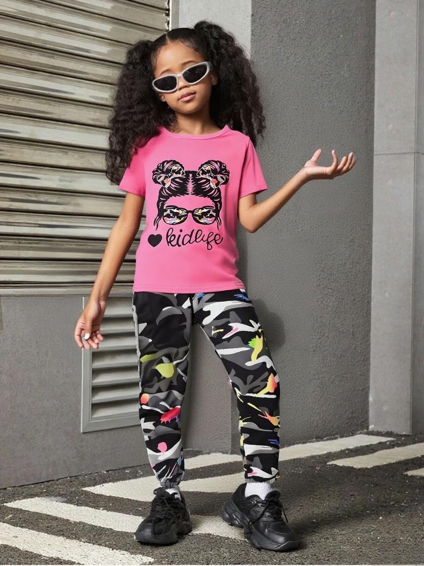 2PC Kids Outfit Toddler Girls Clothes Figure & Letter Print Short Sleeve Top + Camo Print Pants Set - Image 4