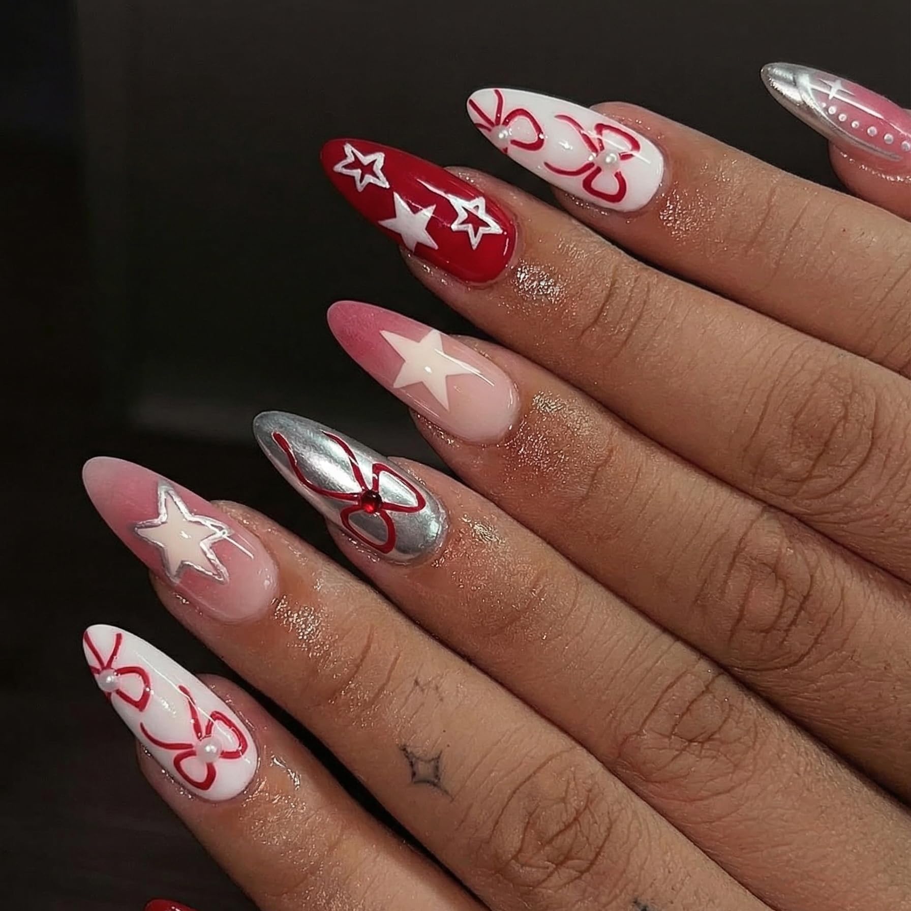 BABALAL Short Almond Press on Nails, Red Silver Chrome Acrylic Nails with Bow and Star Design, Y2K Full Cover Glue on Nails, 24Pcs