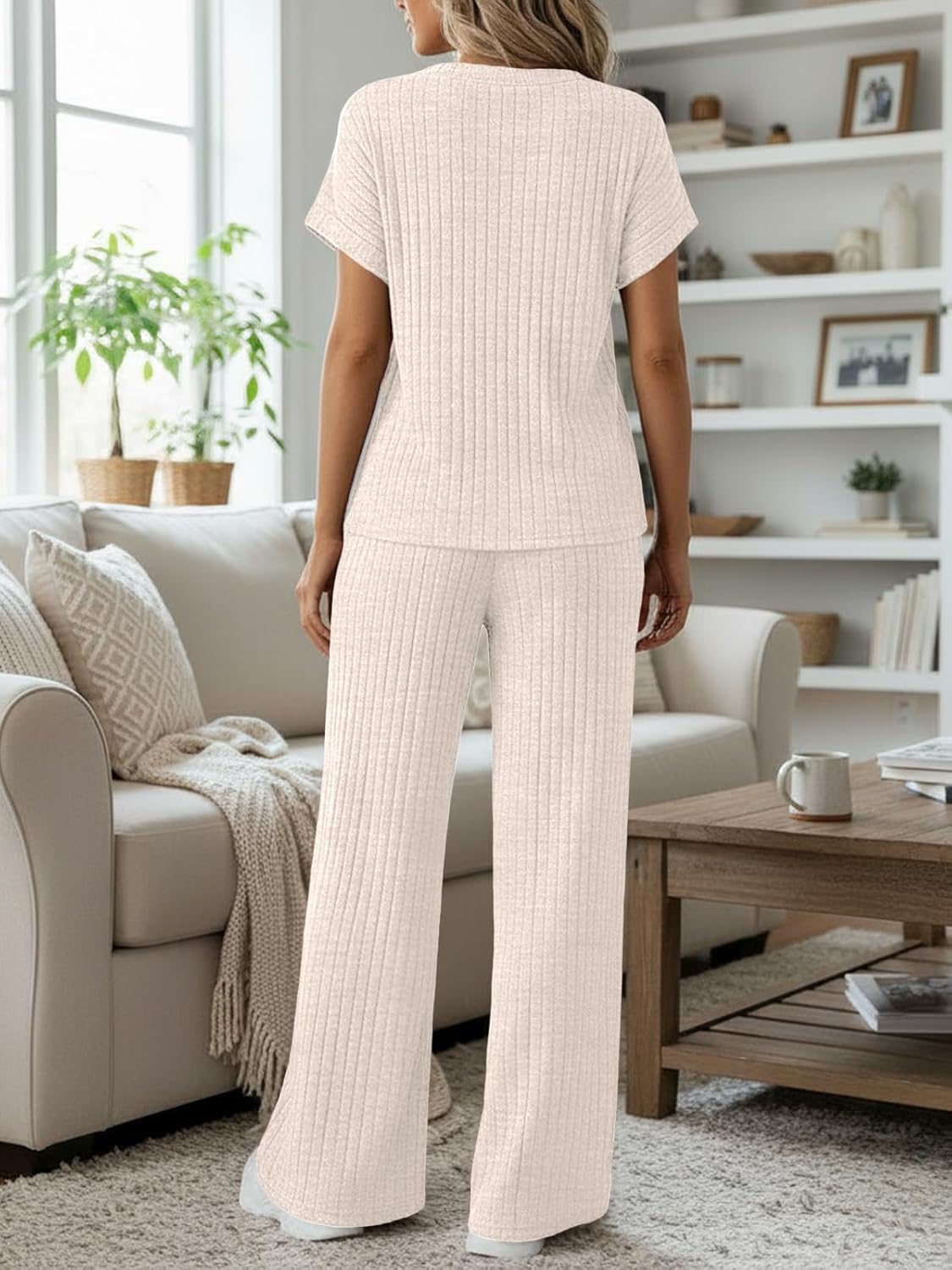 LILLUSORY Women's 2 Piece Matching Lounge Sets Summer Henley Neck Wide Leg Pants Casual Sweat Suit - Image 5