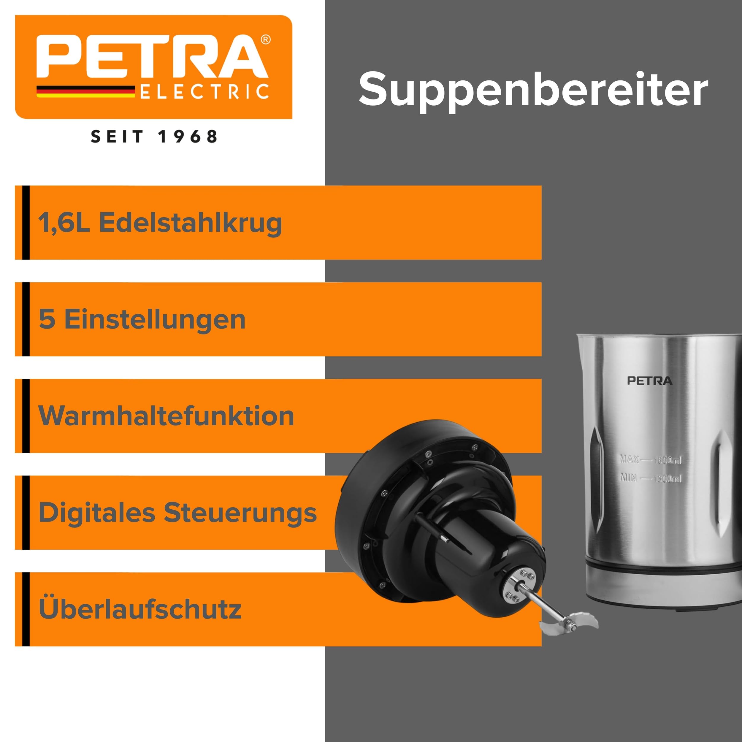 Petra PT5118V2VDEEU10 Gesunde Suppen-Zubereiter 1,6l Edelstahl 900W 5 Einstellungen Warmhaltefunktion