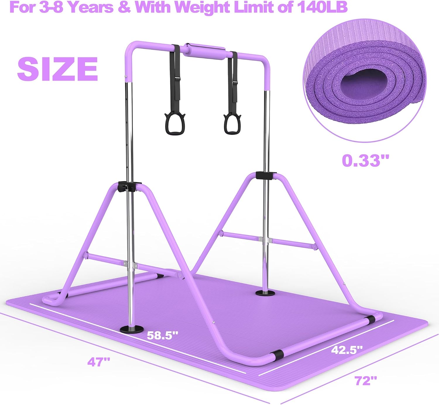 KINMAC Gymnastics Bar for Kids, Gymnastics Horizontal Bar with Adjustable Height Foldable Training Bar with Mat for Home Practice