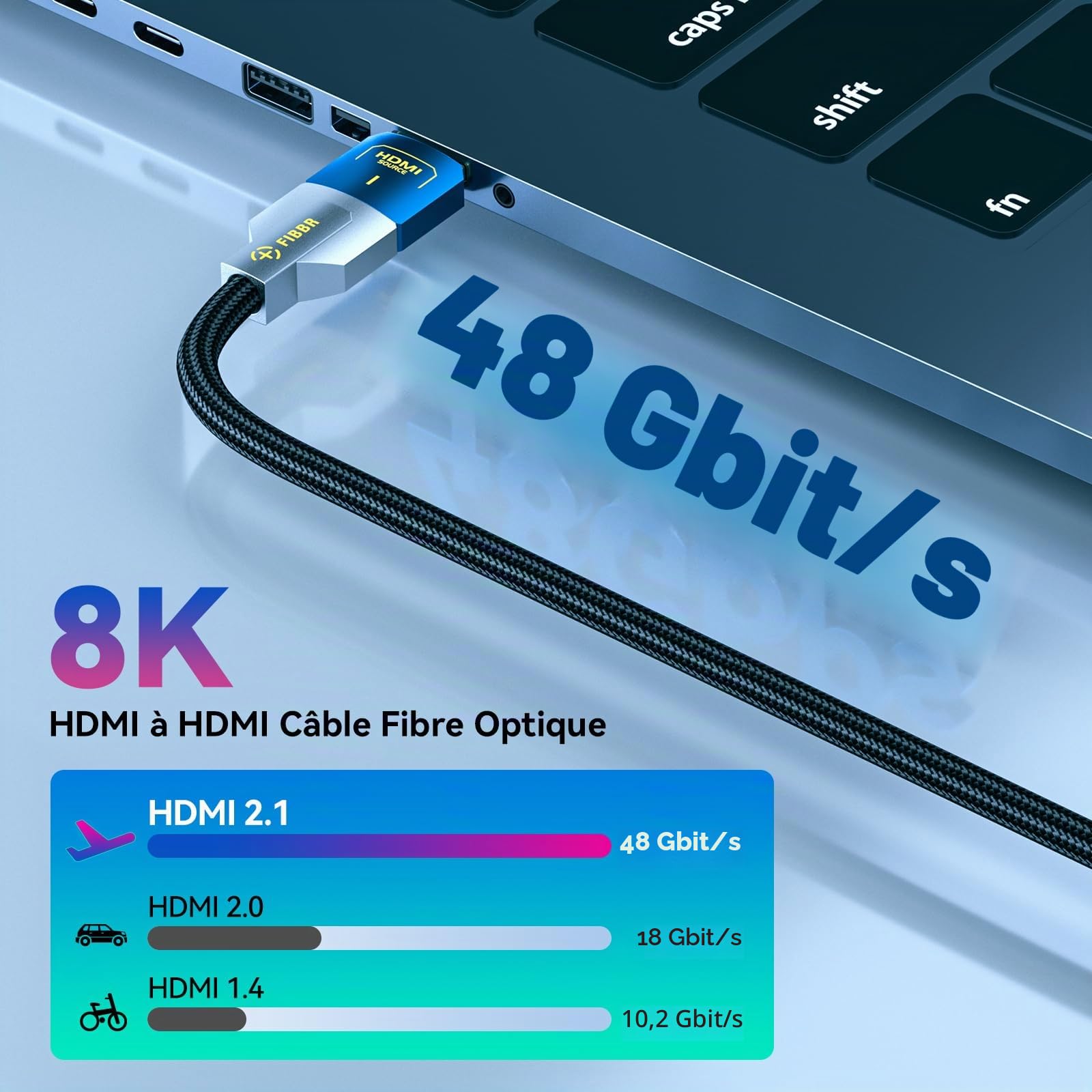 FIBBR Câble HDMI 2.1 Optique 10M, 8K HDMI 2.1 Câble Optique, 48Gbps Haute Vitesse 8K@60Hz, 4K@120Hz/144hz, HDR10 +, eARC, HDCP 2.2 & 2.3 Home Cinéma, HDTV, Projecteur