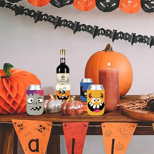 Miniatura 6 de Whaline 10 fundas para latas de Halloween, calabaza, murciélago, fantasma, gato negro, fundas reutilizables para Halloween, lindas expresiones,