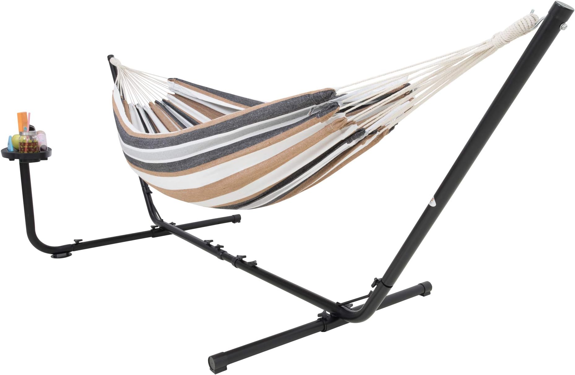 VITA5 Outdoor Hammock with Frame - Hammock for 2 People for Garden and Balcony - Double Hammock with Cup Holder - Portable Hammock 200 kg Load Capacity (White/Blue/Brown Cupholder)