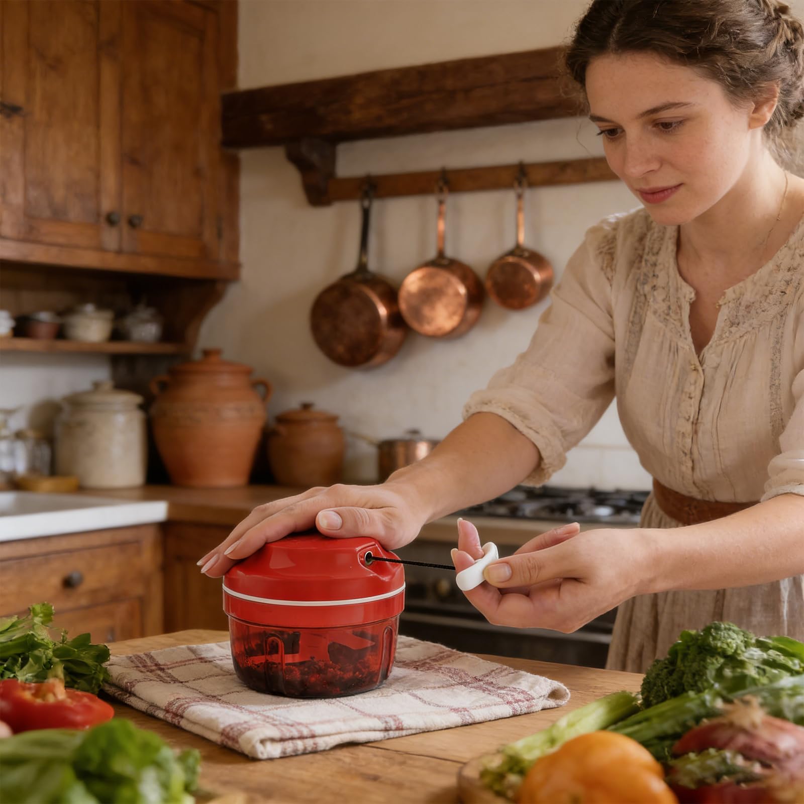 Krajalnica do cebuli, nóż do cebuli z linką, rozdrabniacz do cebuli | Rozdrabniacz do warzyw z linką rozdrabniacz ręczny do cebuli, czosnku i owoców (czerwony)