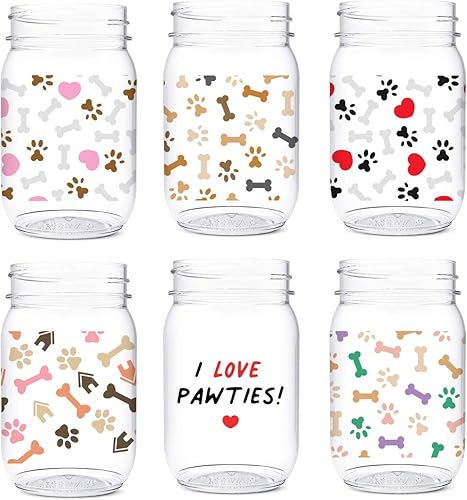 TOSSWARE POP - Tarros de 16 onzas, juego de 6 piezas de plástico reciclable, irrompible y transparente, tarros Mason con impresión