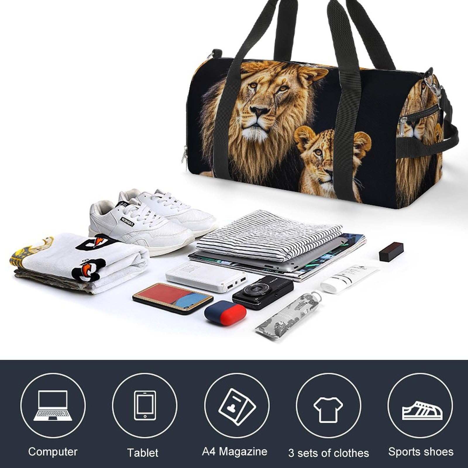 Borsa da palestra con leone e giovane leone per uomini e donne, impermeabile, grande borsone per allenamento da viaggio