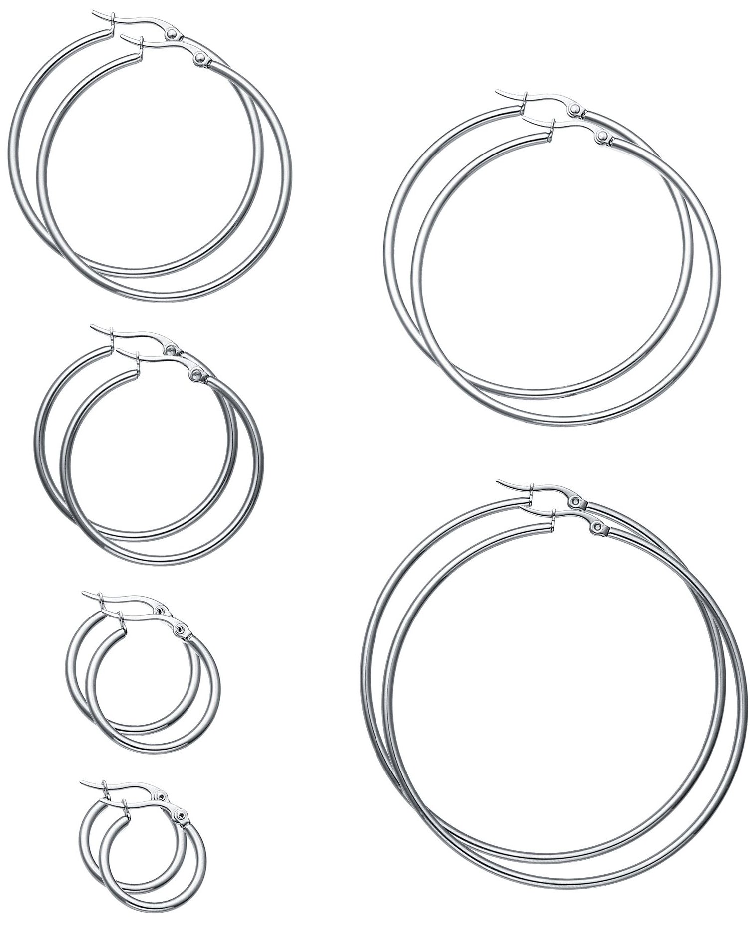 FIBO STEEL 6 Pairs Stainless Steel Hoop Earrings for Men Women Earrings Set 15-60mm Silver-tone